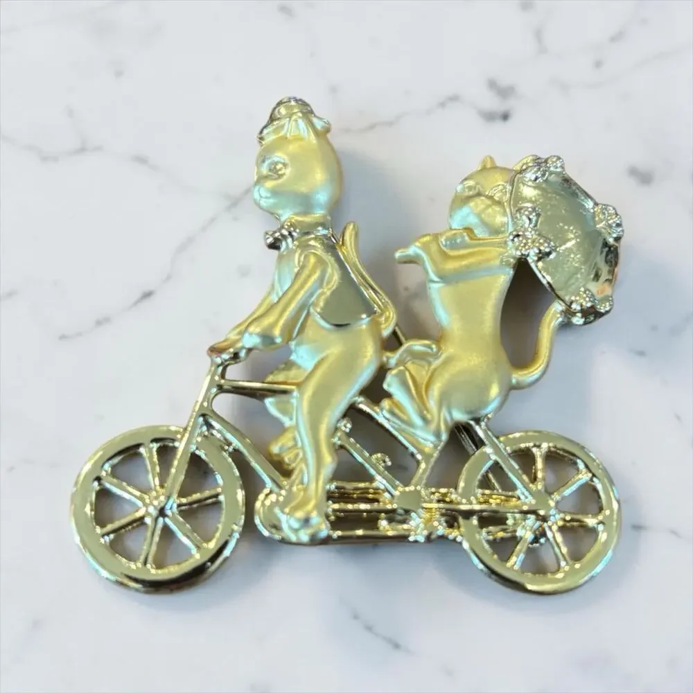 Whimsical Cat Tandem Bicycle Brooch Gold Tone Kitty Couple Vintage Figural Pin